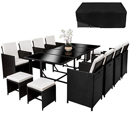 TecTake Poly Rattan 8+4+1 Sitzgruppe 8 Stühle 4 Hocker 1 Tisch + Schutzhülle & Edelstahlschrauben schwarz