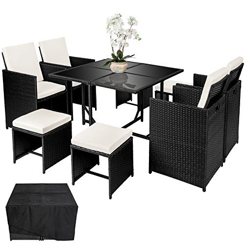 TecTake Poly Rattan Sitzgruppe Cube | 4 Stühle 1 Tisch 4 Hocker | Schutzhülle & Edelstahlschrauben - diverse Farben -