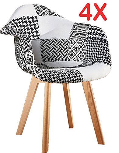 P&N Homewares® Patchwork Esstisch- und Stuhl-Set „Fabia“, schwarz und weiß, skandinavisches Design, Stuhlbeine in Tulpendesign