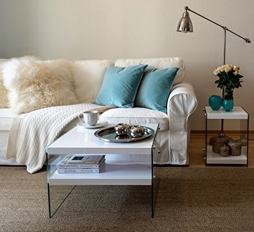 bonVIVO® Designer-Couchtisch Stella, Beistelltisch in moderner Glas-Holz Kombination, weiß Hochglanz lackiert bonVIVO® Designer-Couchtisch Stella, Beistelltisch in moderner Glas-Holz Kombination, weiß Hochglanz lackiert