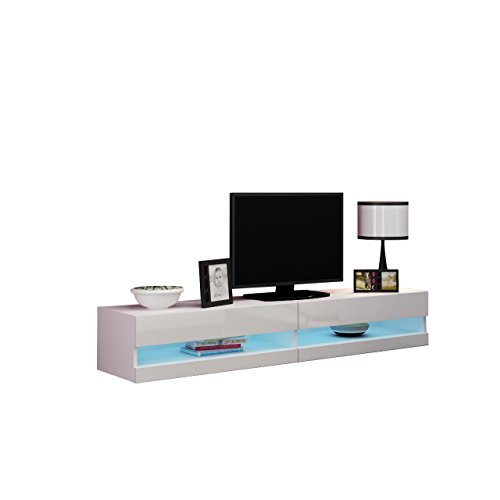 TV Lowboard Vigo New, TV Tische, TV Schrank, Fernsehschrank, Hängeschrank, Hochglanz (mit blauer LED Beleuchtung, Weiß / Weiß Hochglanz)