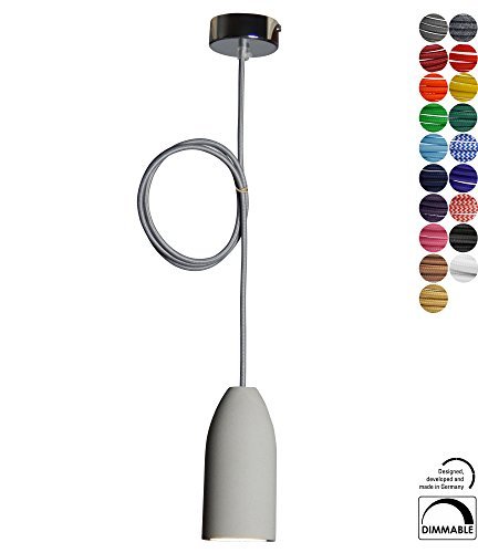 Pendelleuchte (Betonlampe), Textilkabel "Grau" (19 Farben wählbar), 7,5 x 16cm, incl. LED (Dimmbar), Esszimmerlampe Buchenbusch urban design