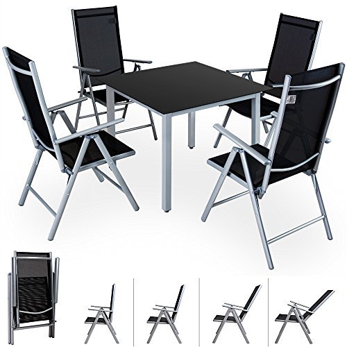 Alu Sitzgruppe 4+1 Sitzgarnitur Gartengarnitur Tischplatte aus Glas + klappbare und neigbare Stühle 7fach verstellbar Modellauswahl