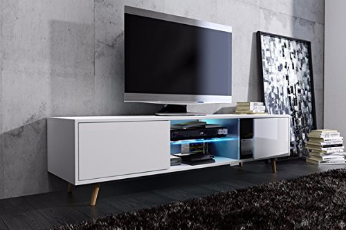 Tv Schrank Lowboard Sideboard Tisch Möbel Board Rivano mit LED - Beleuchtung (Weiß Matt / Weiß Hochglanz mit LED)
