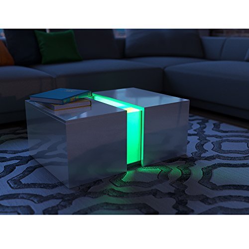 Couchtisch LED Weiß Hochglanz - Loungetisch Wohnzimmer Tisch Sofa Couch modern - edles Acryl Dekor - RGB Farben - inkl. Fernbedienung
