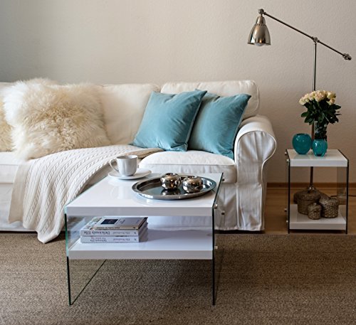 bonVIVO® Designer-Couchtisch Victoria, Beistelltisch in moderner Glas-Holz Kombination, weiß Hochglanz lackiert bonVIVO® Designer-Couchtisch Victoria, Beistelltisch in moderner Glas-Holz Kombination, weiß Hochglanz lackiert