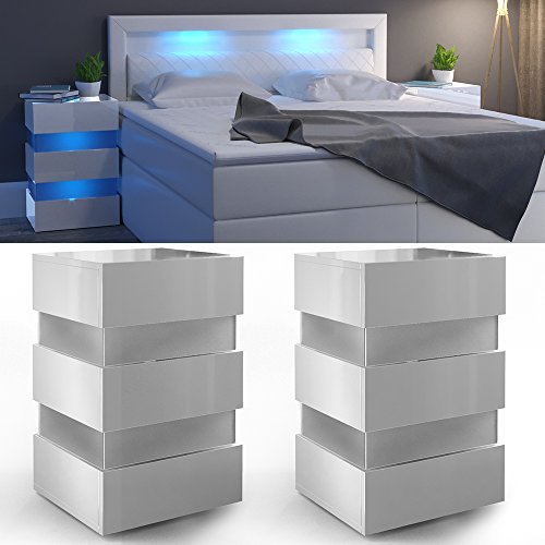 2x Nachttisch Set LED 70cm hoch für Boxspringbett Weiß Hochglanz Nachtkommode Nachtschrank Kommode Schrank Schublade - RGB - inkl. Fernbedienung