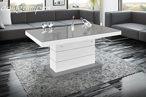 Design Couchtisch H-333 Weiß / Grau Hochglanz höhenverstellbar ausziehbar Tisch