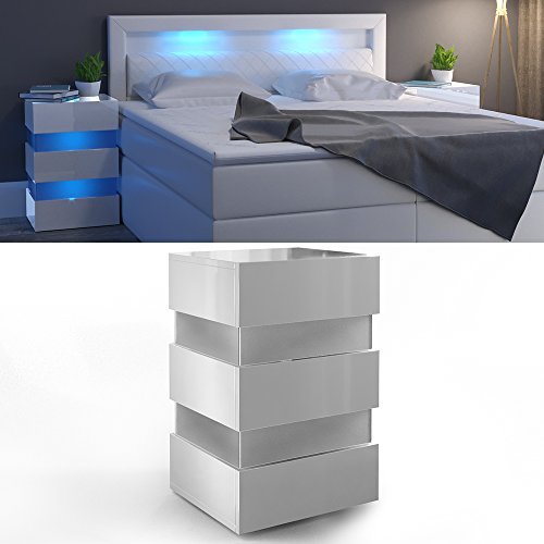 Nachttisch LED 70cm hoch für Boxspringbett Weiß Hochglanz Nachtkommode Nachtschrank Kommode Schrank Schublade RGB - inkl. Fernbedienung