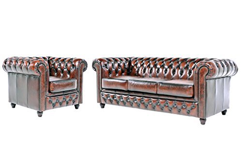Original Chesterfield Sofa und Sessel - 1 / 3 Sitzer - Vollständig Handgewaschenes Leder – Antik Braun