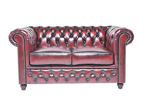 Original Chesterfield Sofa - 2 Sitzer - Vollständig Handgewaschenes Leder – Antik Rot