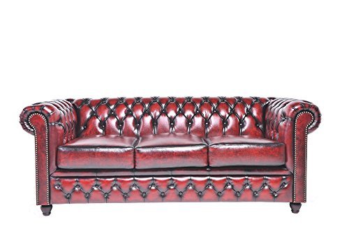 Original Chesterfield Sofa - 3 Sitzer - Vollständig Handgewaschenes Leder – Antik Rot