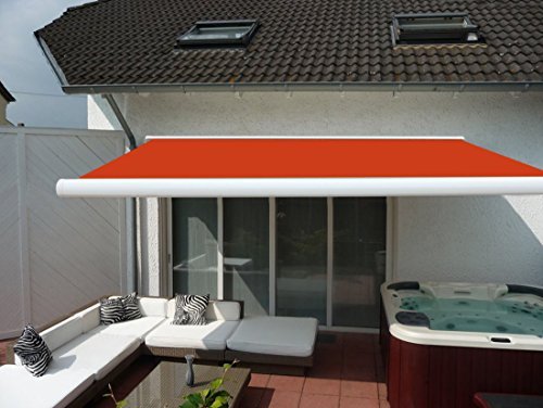 Prime Tech Elektrische Kassettenmarkise / Gelenkarm-Markise 400 x 300 cm / Gehäuse weiss / Tuch orange - rot / #580