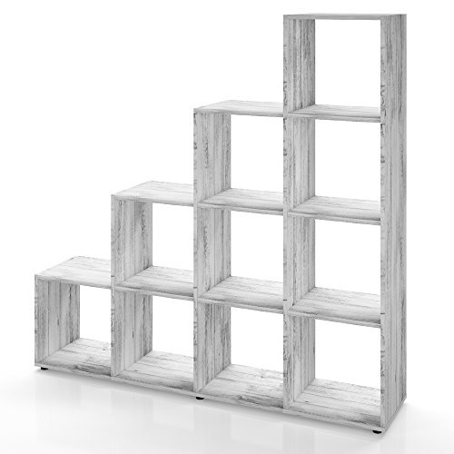 Treppenregal 6 oder 10 Fächer in Weiß, Grau Beton oder Eiche Sonoma - Raumteiler Stufenregal Bücherregal Aktenregal Standregal