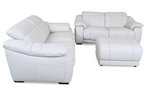 Sofa Couch Editions Leder Garnitur U076 mit Hocker - Weiss mit Federkern