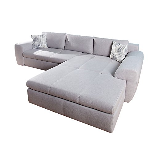 Modernes Sofa grau Bettfunktion SMOOTH 290cm hellgrau inkl. Schlaffunktion und Kissen Wohnlandschaft Schlafsofa Couch Schlafcouch Ottomane beidseitig aufbaubar