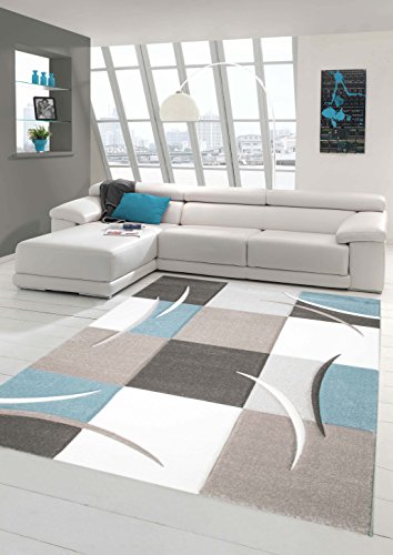 Designer Teppich Moderner Teppich Wohnzimmer Teppich Kurzflor Teppich mit Konturenschnitt Karo Muster Pastellfarben Blau Creme Beige Dunkelgrau Größe 160x230 cm