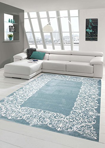 Teppich-Traum Designerteppich Moderner Teppich Wohnzimmerteppich Kurzflor Teppich mit Bordüre Türkis Weiß, Größe 80x150 cm