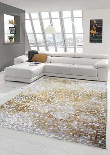 Teppich-Traum Designerteppich Moderner Teppich Wohnzimmerteppich Kurzflor mit Konturenschnitt Kariert in Grau Gelb Weiß, Größe 120x170 cm