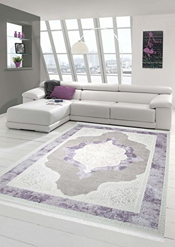 Teppich-Traum Designerteppich Moderner Teppich Wohnzimmerteppich Wollteppich mit Bordüre und Ornamente in Grau Beige Lila, Größe 80x150 cm