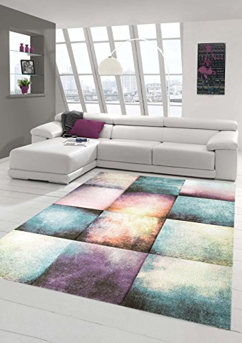 Teppich-Traum Designerteppich moderner Teppich für Wohnzimmer Kurzflor Teppich bunt modern in Lila, Blau, Beige, Größe 80x150 cm