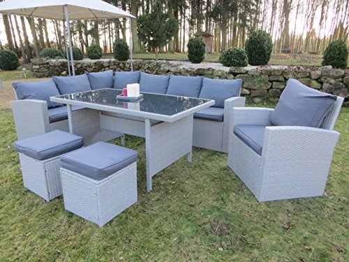 Hohe Dinning Poly Rattan Lounge inkl. einem Sessel und zwei Hocker "Milos XL" auch spiegelverkehrt nutzbar aus dem Hause Pure Home & Garden