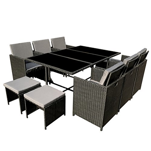 POLY RATTAN Essgruppe Rattan Set mit Glastisch Garnitur Gartenmöbel Sitzgruppe Lounge (6 Stühle, Schwarz)
