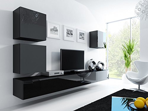 Wohnwand ' Vigo 22' Hochglanz Hängeschrank Lowboard Cube , Farbe:schwarz matt / schwarz Hochglanz