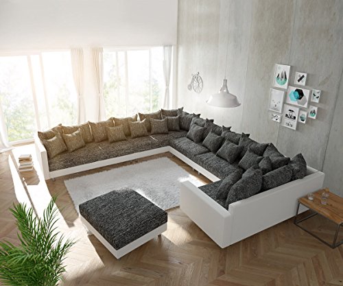 DELIFE Couch Clovis modular - Ecksofa, Sofa, Wohnlandschaft & Modulsofa (Schwarz/Weiss, Sofa XXL Links mit Hocker + Armlehne)