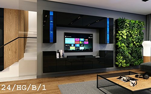Wohnwand FUTURE 24 Moderne Wohnwand, Exklusive Mediamöbel, TV-Schrank, Neue Garnitur, Große Farbauswahl (RGB LED-Beleuchtung Verfügbar) (LED 16-farbig mit Fernbedienung, Schwarz Hochglanz)