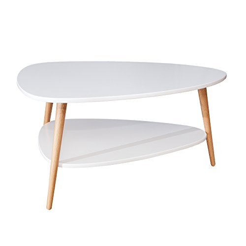 Design Retro Couchtisch SCANDINAVIA weiß Eiche Tisch Wohnzimmertisch mit zusätzlicher Ablagemöglichkeit