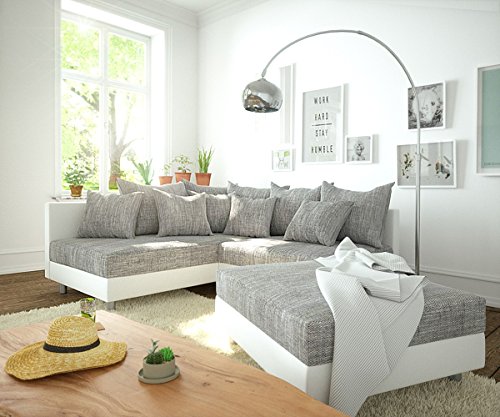 Couch Clovis modular - Ecksofa, Sofa, Wohnlandschaft & Modulsofa (Grau/Weiss, Ecksofa Links mit Hocker)