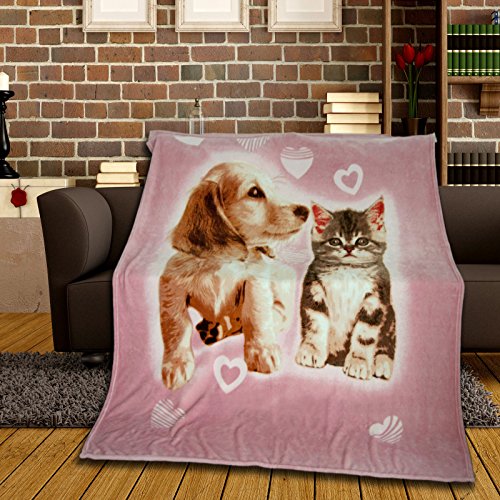 Kuschledecke für Kinder 150x200 cm mit Fotodruck Hund & Katze aus 100% Silk Touch Polyester tolle Kinderdecke für Mädchen in Rosa