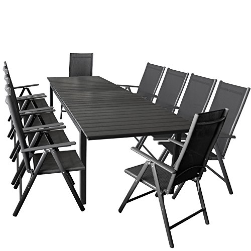 11er Gartenmöbel Set ausziehbarer Aluminium Gartentisch mit Polywood-Tischplatte 280/220x95cm Schwarz + 10x Hochlehner mit 2x2 Textilengewebe, Rückenlehne 7-fach verstellbar