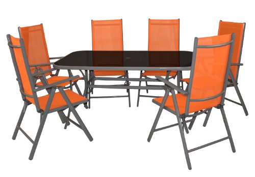 Nexos 7-teiliges Gartenmöbel-Set – Gartengarnitur Sitzgruppe Sitzgarnitur aus Gartenstühlen & Esstisch – Aluminium Kunststoff Glas – orange