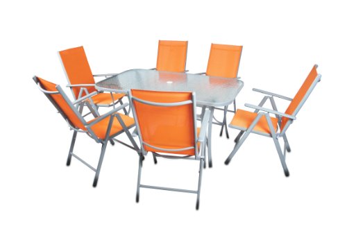 Nexos 7-teiliges Gartenmöbel-Set – Gartengarnitur Sitzgruppe Sitzgarnitur aus Gartenstühlen & Esstisch (Glasplatte: klar) – Aluminium Kunststoff Glas – orange