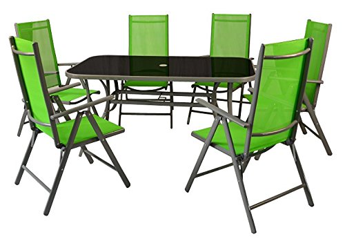 Nexos 7-teiliges Gartenmöbel-Set – Gartengarnitur Sitzgruppe Sitzgarnitur aus Gartenstühlen & Esstisch – Aluminium Kunststoff Glas – grün