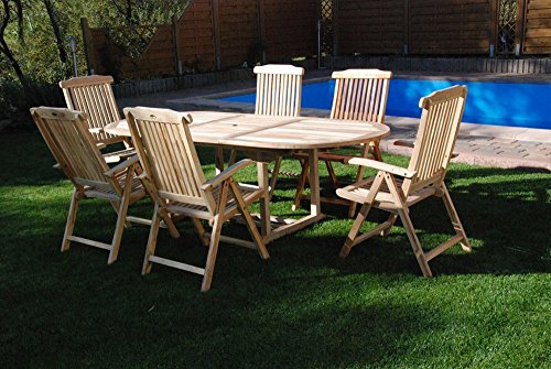 SAM® Teak Holz Gartengruppe Gartenmöbel 7 teilig, Sitzgruppe bestehend aus 1 x Tisch und 6 x Hochlehner, zusammenklappbare Stühle, einfach zu verstauen [521418]