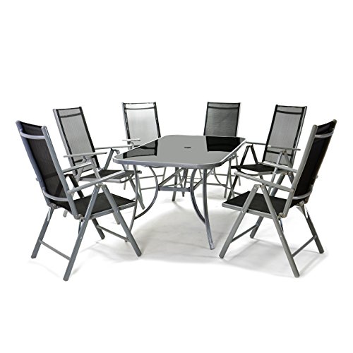 7-teiliges Gartenmöbel-Set – Gartengarnitur Sitzgruppe Sitzgarnitur aus Gartenstühlen & Esstisch – Aluminium Kunststoff Glas – schwarz grau