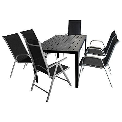 Gartenmöbel Set 7-teilig Gartentisch, Polywood-Tischplatte, 150x90cm + 4x Gartenstuhl, stapelbar, Textilenbespannung + 2x Hochlehner, klappbar, 7-fach verstellbar