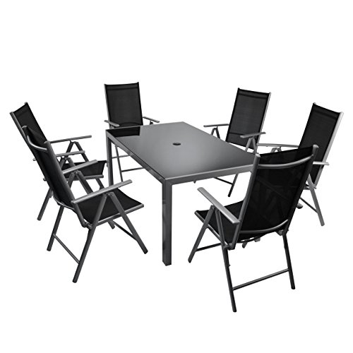 Nexos 7-teiliges Gartenmöbel-Set – Gartengarnitur Sitzgruppe Sitzgarnitur aus Gartenstühlen & Esstisch (Glasplatte schwarz) – Aluminium Kunststoff Glas – schwarz grau