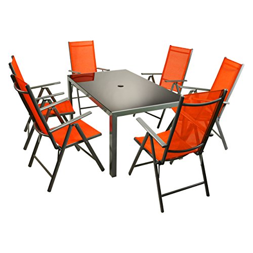 Nexos 7tlg. Gartengarnitur Alu Sitzgruppe Sitzgarnitur Gartenstühle Glastisch orange