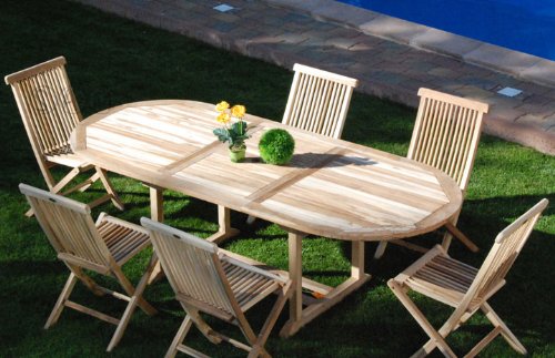 SAM 7 teilig Gartengruppe Menorca, Teak Holz bestehend aus 6x Klappstühle + 1x Auszugstisch, zusammenklappbare Stühle