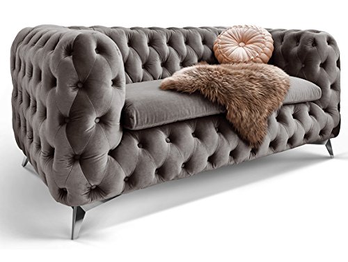 Chesterfield Sofa Couch Stoff Samt 3 Sitzer 2 Sitzer Sessel 1 Sitzer Designer Möbel Emma (2-Sitzer, Silber-Grau)