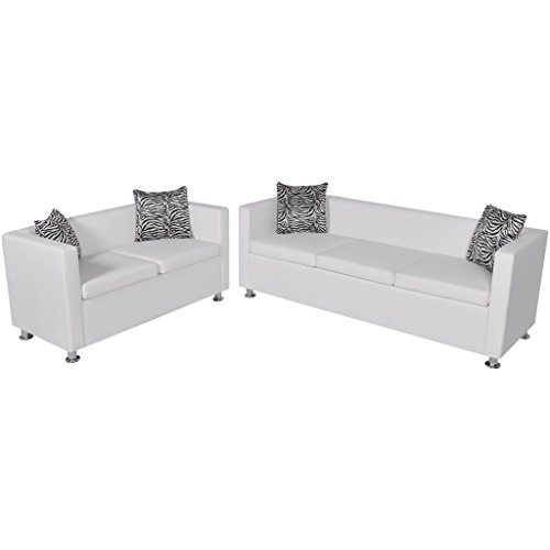 Festnight Sofaset Wohnzimmersofa Couch Loungesofa 3-Sitzer-Sofa und 2-Sitzer-Sofa mit 4 Kissen Weiß