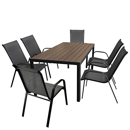 Gartenmöbel-Set Aluminium Gartentisch mit Polywood-Tischplatte 150x90cm + 6x Stapelstuhl mit anthrazitfarbener Textilenbespannung, Gestell pulverbeschichtet Schwarz