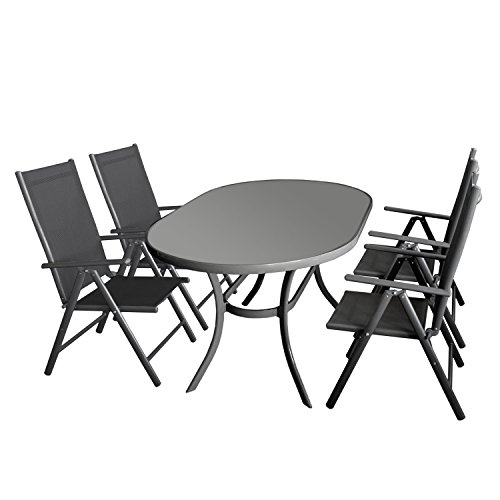 Sitzgruppe Gartenmöbel-Set Aluminium Gartentisch 140x90cm Tischglasplatte Oval + 4x Aluminium Hochlehner mit robuster Textilenbespannung Schwarz - Rückenlehne 7-fach verstellbar