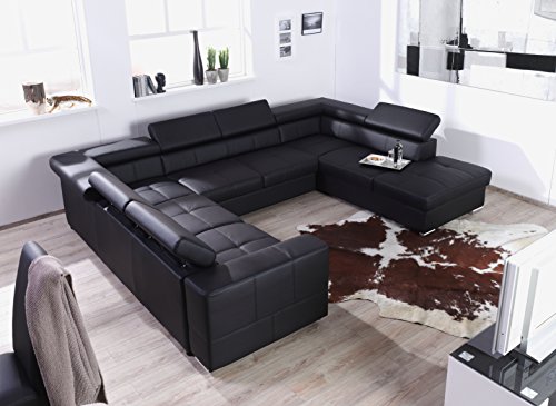 XXL Wohnlandschaft, Couch "CARY", U-Form, Lederoptik schwarz - Mit Schlaffunktion - Ottomane rechts