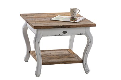 CLP Beistelltisch SOANA aus recyceltem Ulmenholz | Kompakter Holztisch mit integrierter Ablage | Couchtisch mit weißem Untergestell natura