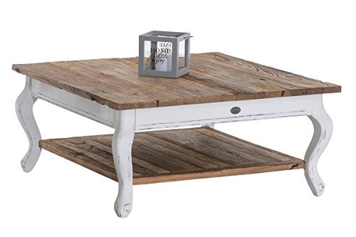CLP Couchtisch ENEAS aus recyceltem Ulmenholz | Kompakter Holztisch mit integrierter Ablage | Wohnzimmertisch mit weißem Untergestell natura